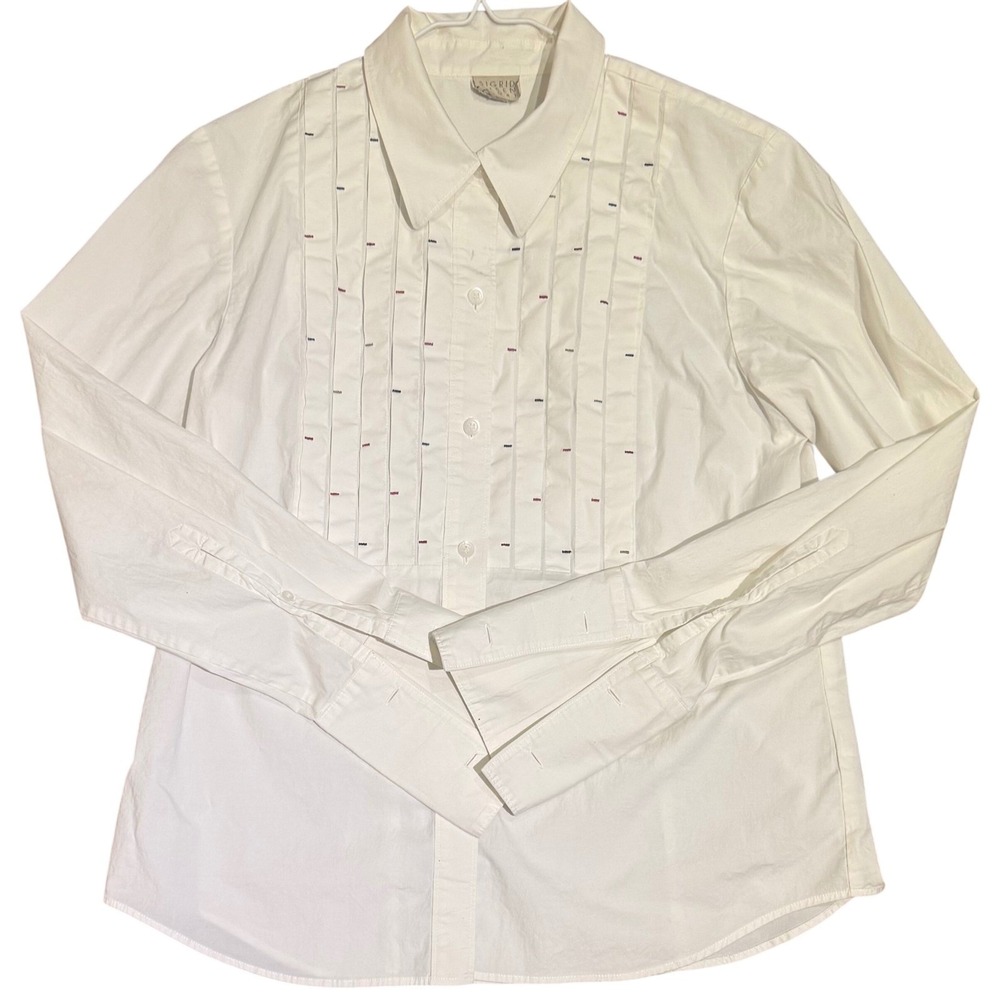 VTG Sigrid Olsen Sport Pleated Bib French Cuff Button Down Shirt White SZ 6